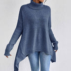Elena | Women’s Turtleneck High-Low Ribbed-Sleeve Tunic Sweater