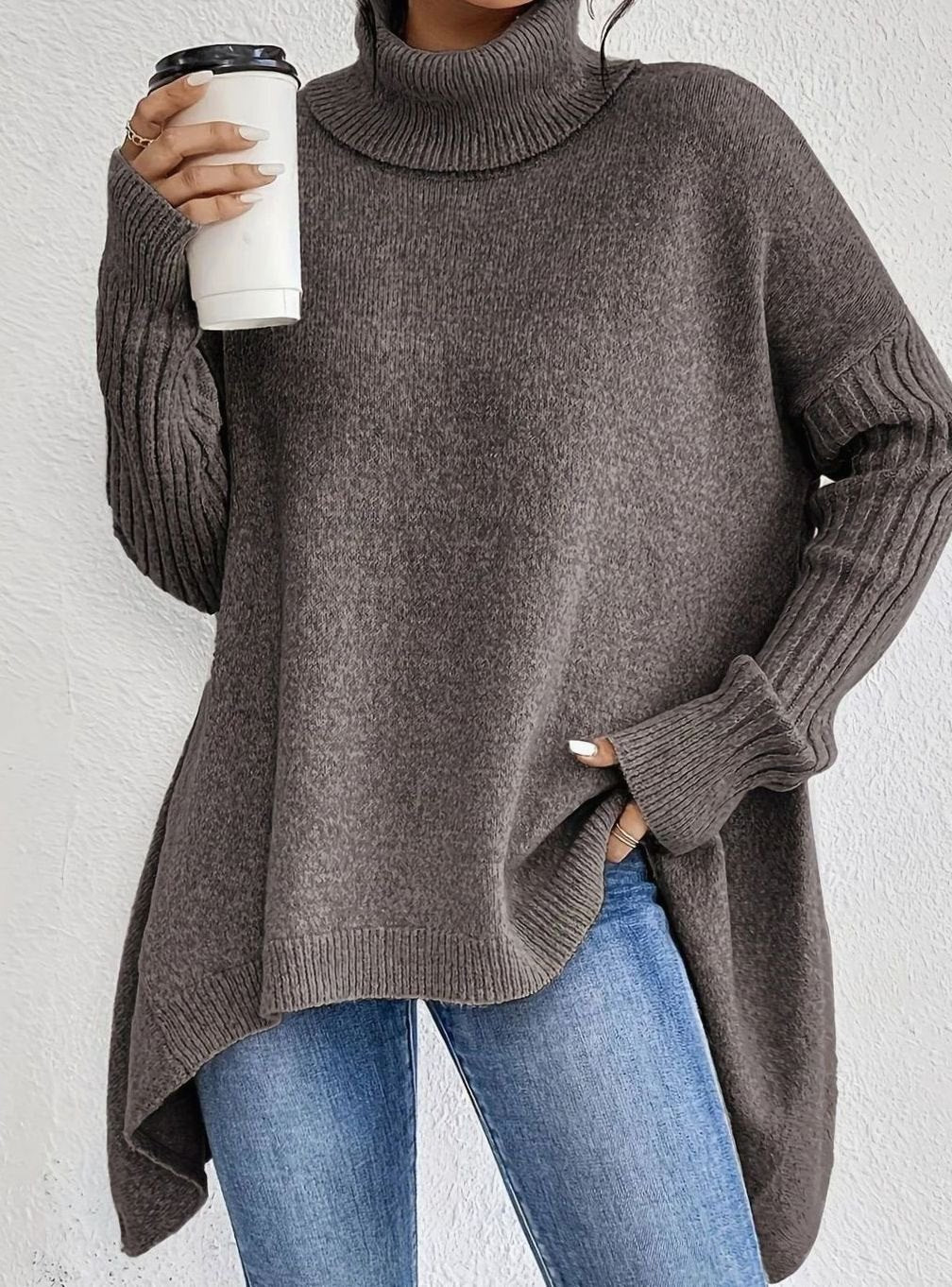 Elena | Women’s Turtleneck High-Low Ribbed-Sleeve Tunic Sweater