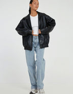 Raven | Women’s Oversized Faux-Leather Zip Bomber Jacket