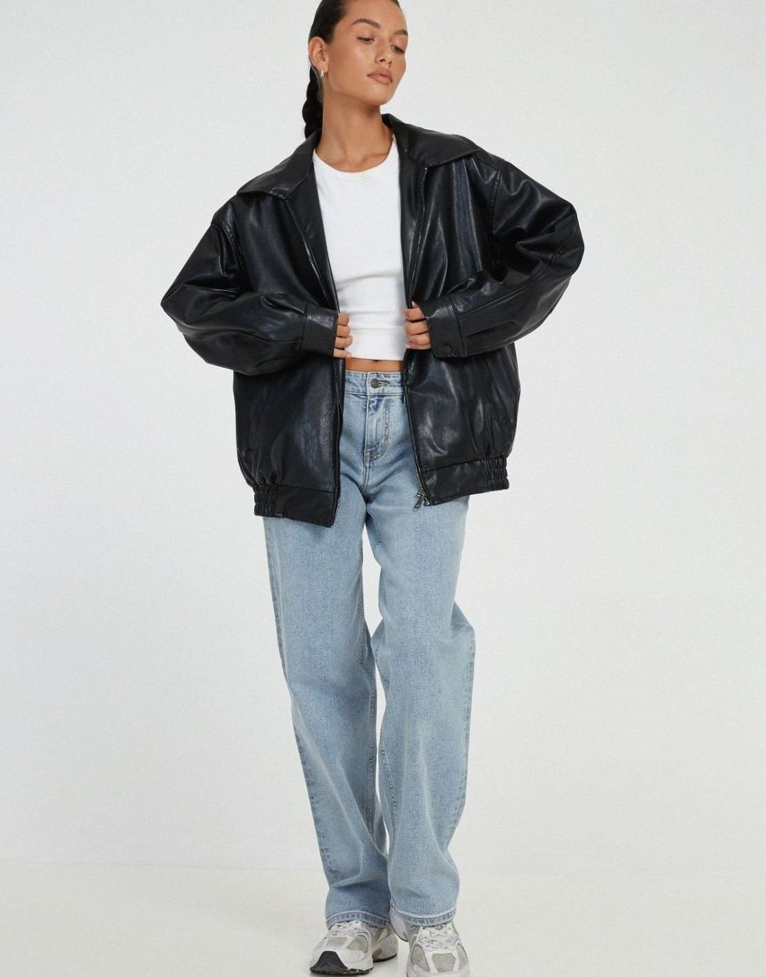Raven | Women’s Oversized Faux-Leather Zip Bomber Jacket