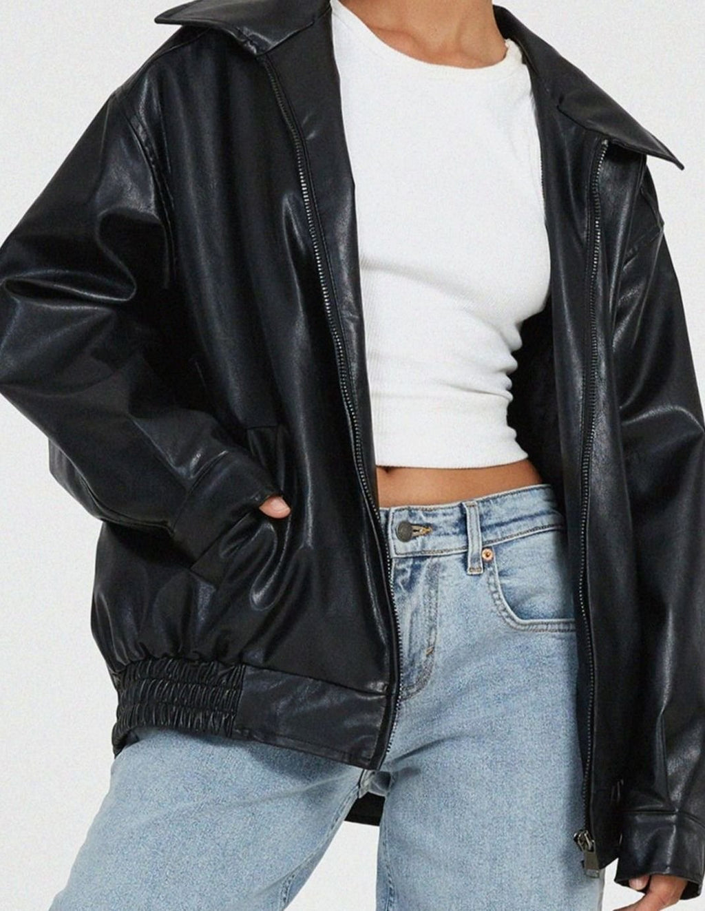 Raven | Women’s Oversized Faux-Leather Zip Bomber Jacket