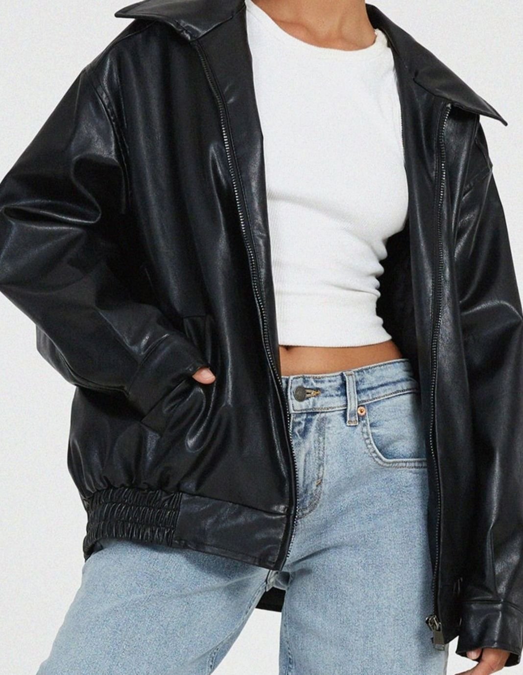 Raven | Women’s Oversized Faux-Leather Zip Bomber Jacket