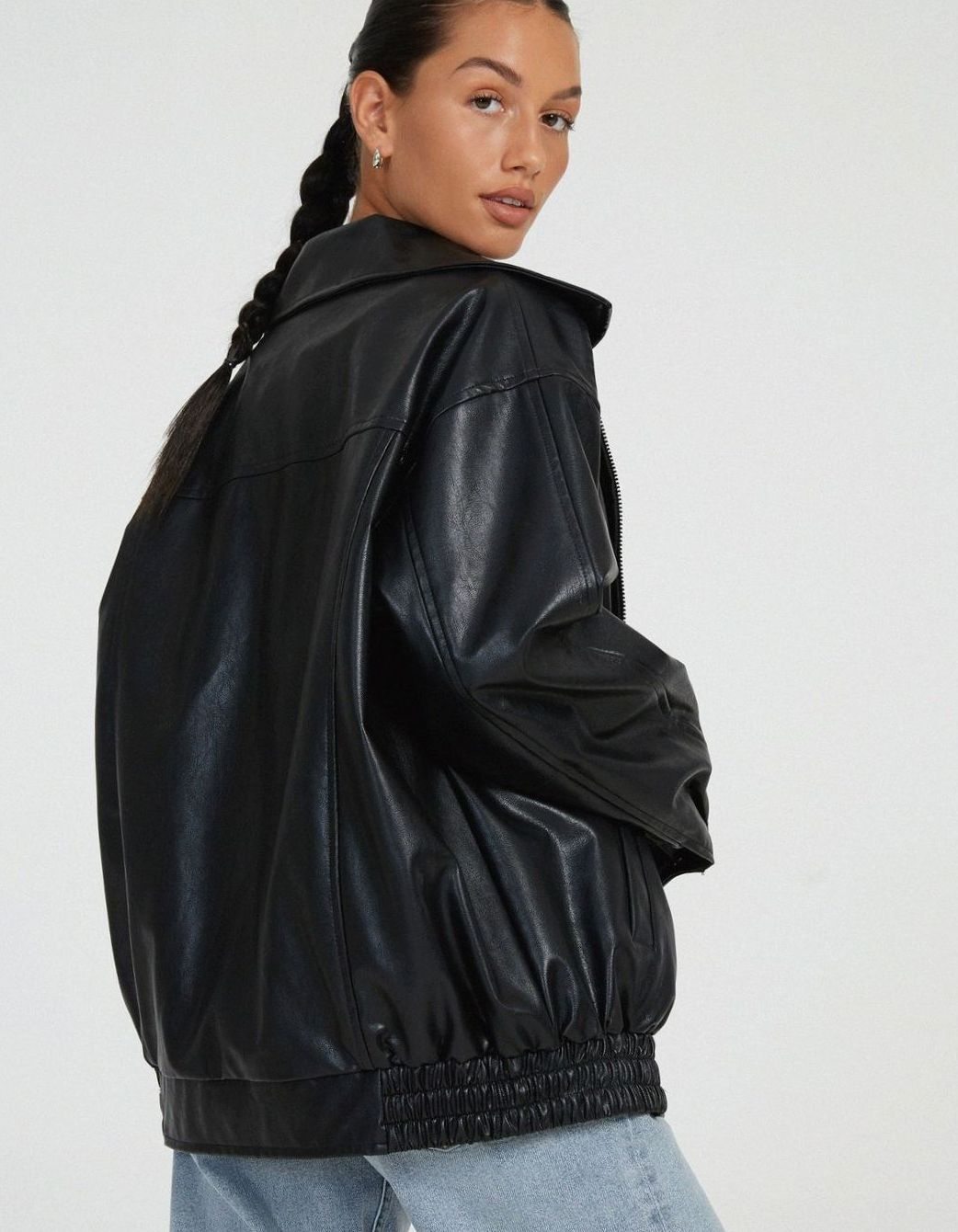 Raven | Women’s Oversized Faux-Leather Zip Bomber Jacket