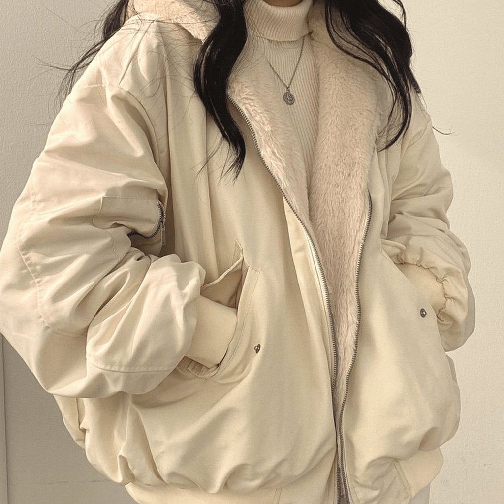 Mina | Women’s Contrast Faux-Fur Hooded Oversized Bomber Jacket
