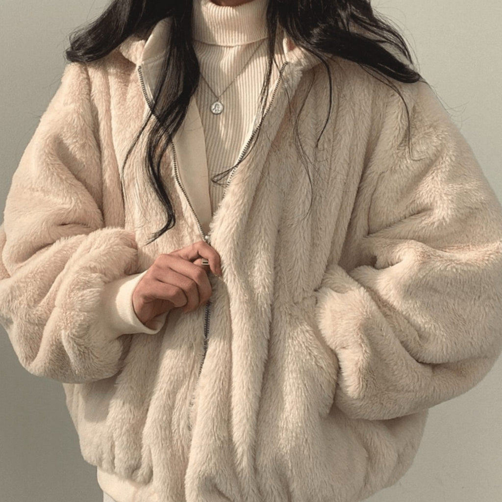 Mina | Women’s Contrast Faux-Fur Hooded Oversized Bomber Jacket