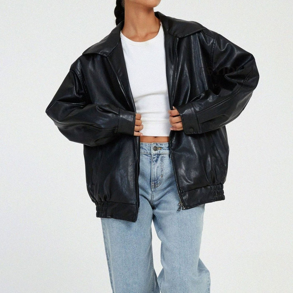 Raven | Women’s Oversized Faux-Leather Zip-Front Bomber Jacket