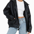 Raven | Women’s Oversized Faux-Leather Zip-Front Bomber Jacket