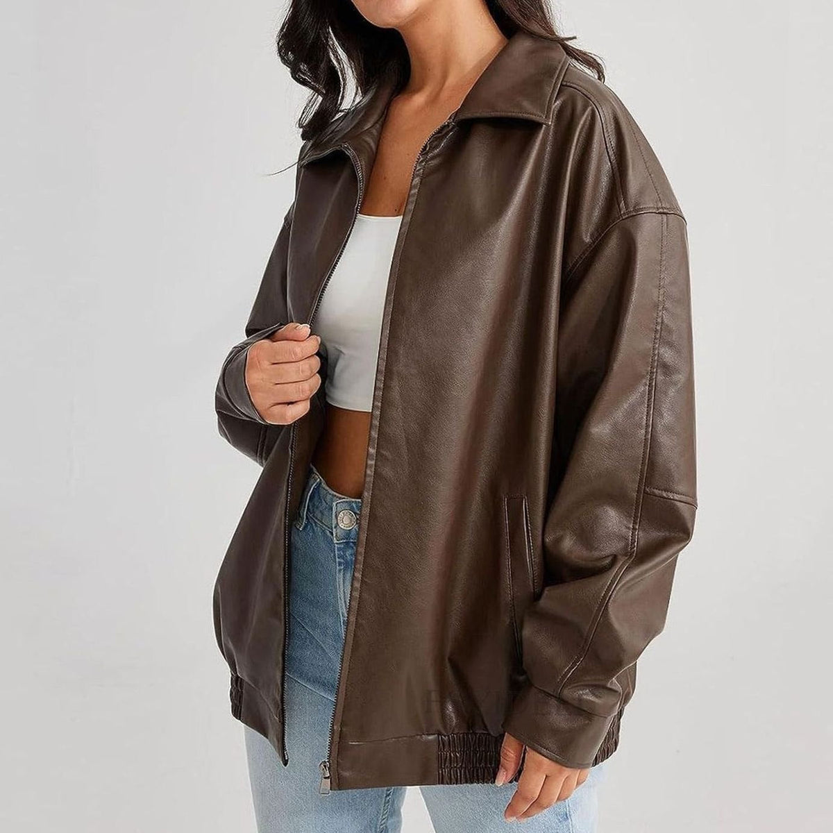Raven | Women’s Oversized Faux-Leather Zip-Front Bomber Jacket
