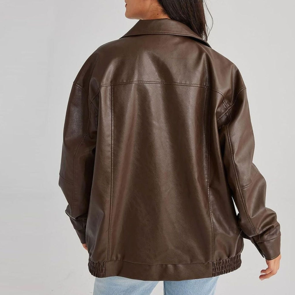 Raven | Women’s Oversized Faux-Leather Zip-Front Bomber Jacket