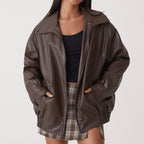 Raven | Women’s Oversized Faux-Leather Zip-Front Bomber Jacket