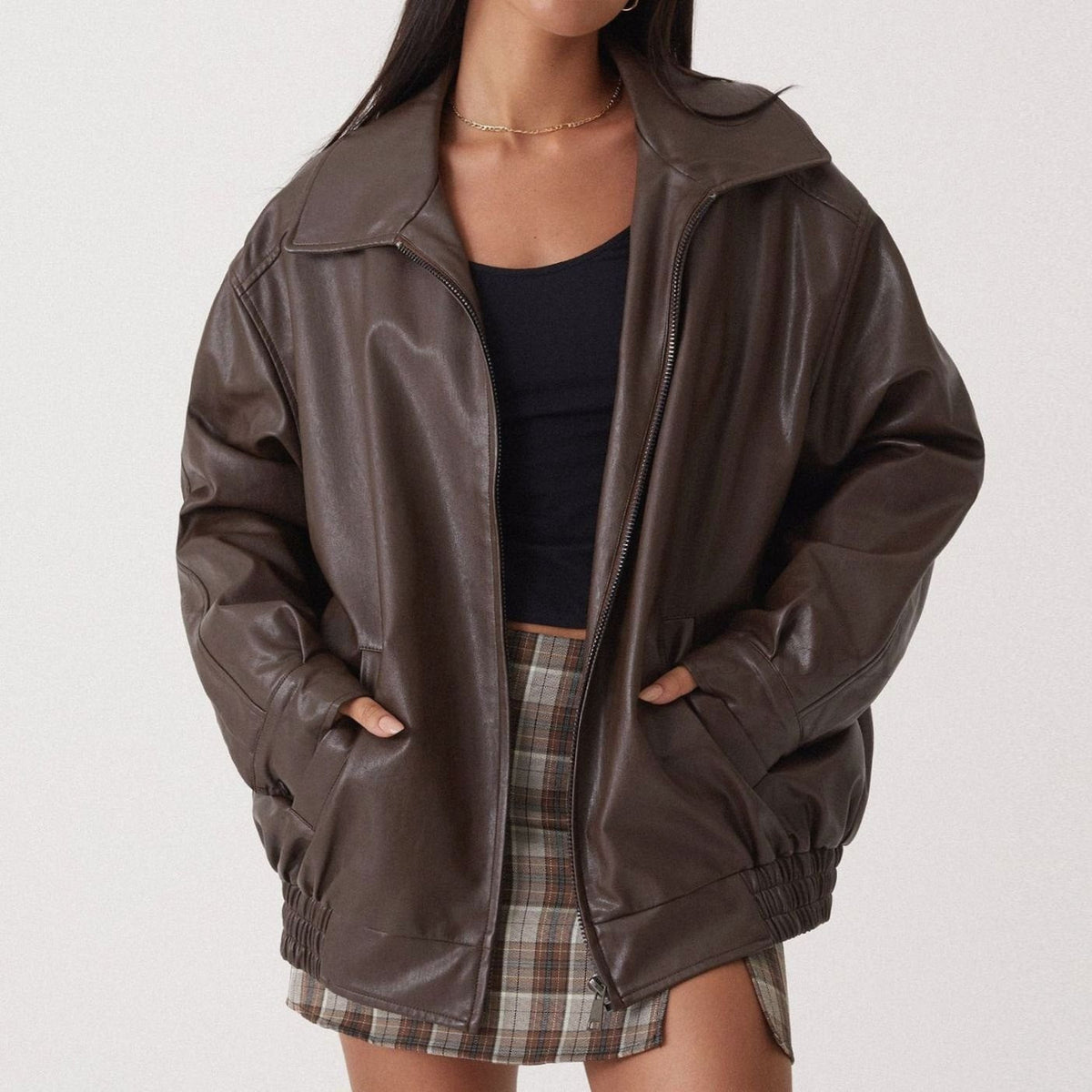 Raven | Women’s Oversized Faux-Leather Zip-Front Bomber Jacket