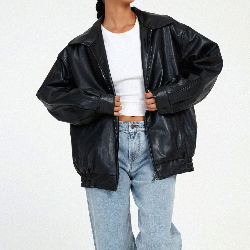 Raven | Women’s Oversized Faux-Leather Zip-Front Bomber Jacket