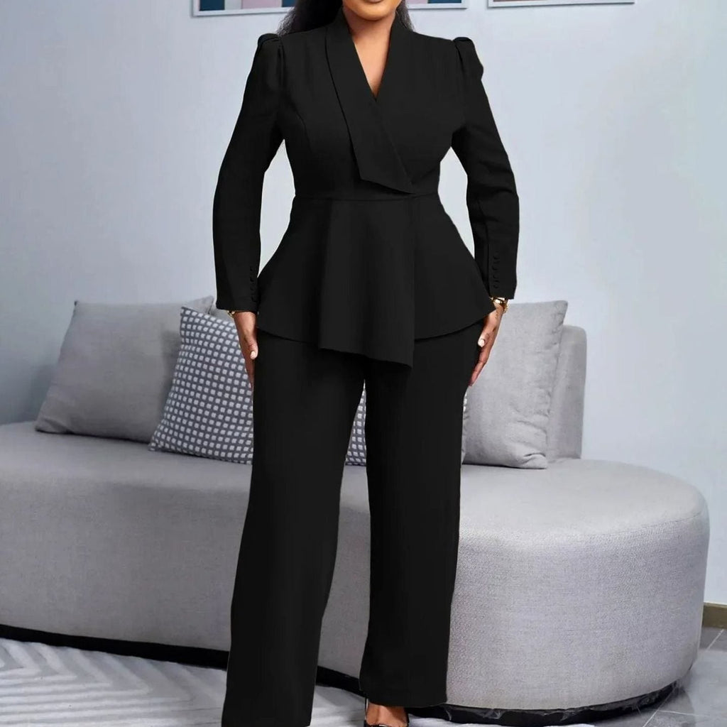 Elena | Women’s Asymmetric Peplum Shawl-Collar Blazer & Trouser Suit Set