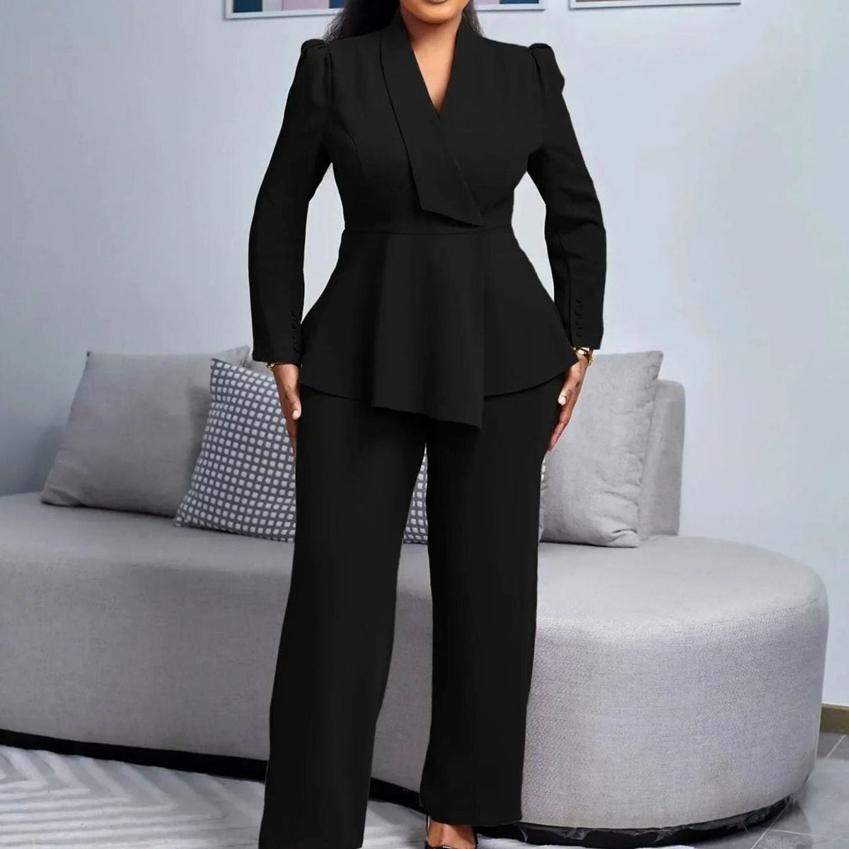 Elena | Women’s Asymmetric Peplum Shawl-Collar Blazer & Trouser Suit Set