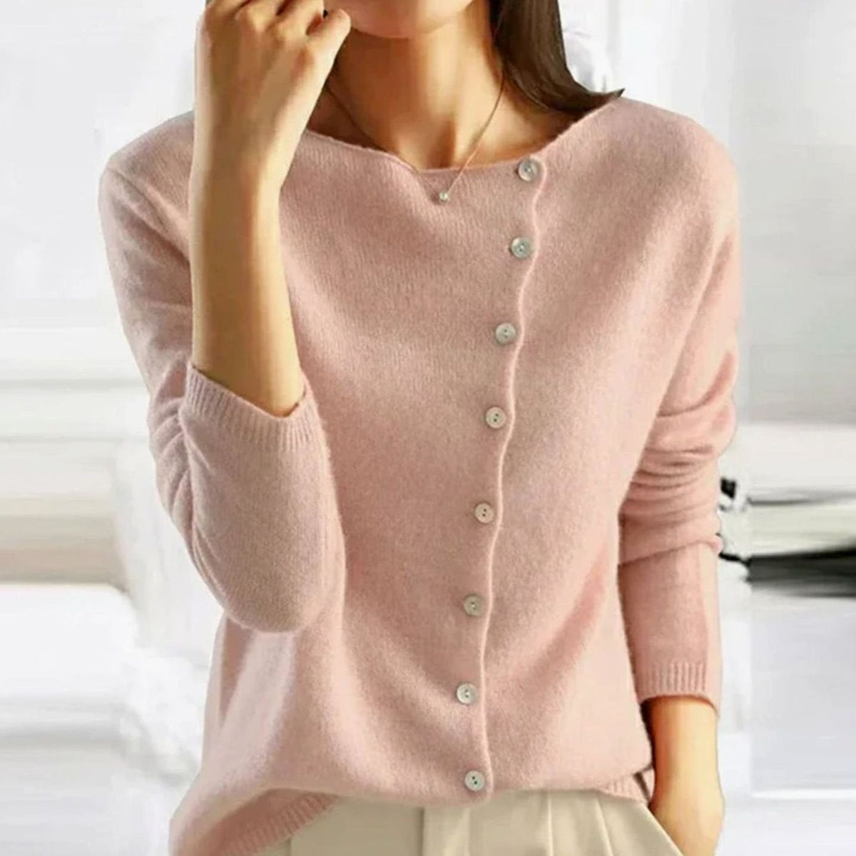 Colette | Women’s Asymmetrical Button Fine-Knit Sweater