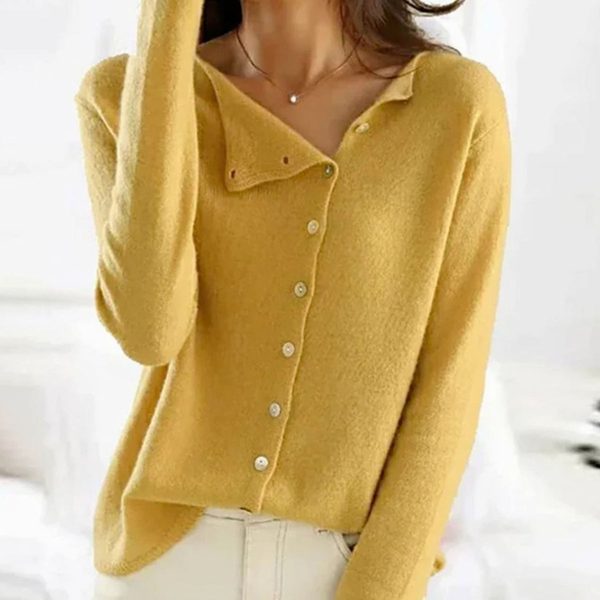 Colette | Women’s Asymmetrical Button Fine-Knit Sweater