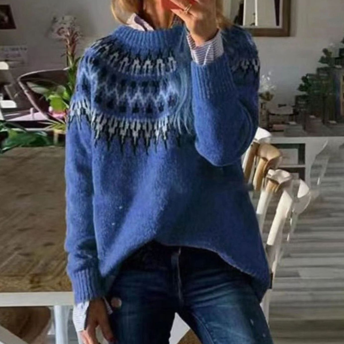 Maya | Women’s Fair-Isle Geometric Yoke Crewneck Sweater
