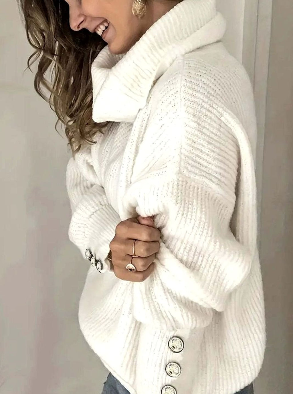 Vivienne | Women’s Cowl-Neck Button-Cuff Ribbed Knit Sweater