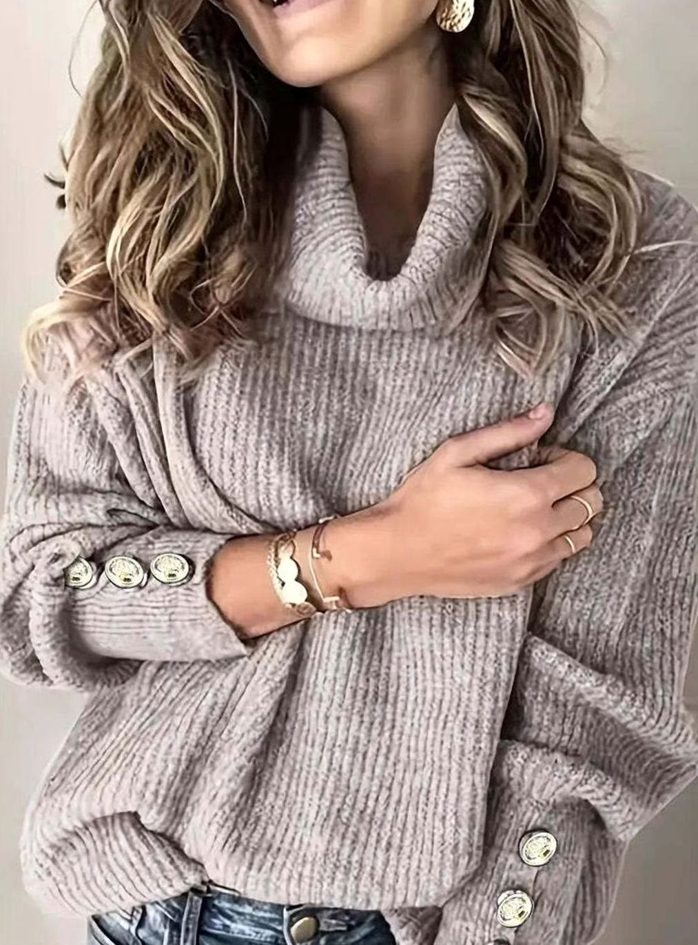 Vivienne | Women’s Cowl-Neck Button-Cuff Ribbed Knit Sweater
