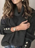 Vivienne | Women’s Cowl-Neck Button-Cuff Ribbed Knit Sweater
