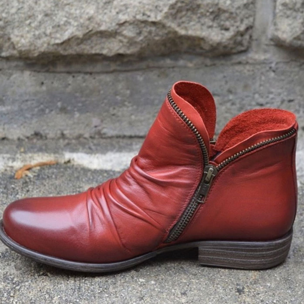Mira | Women’s Ruched Leather Asymmetric-Zip Ankle Booties