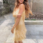 Colette | Women's Sequin Fringe Feather Spaghetti-Strap Cocktail Dress