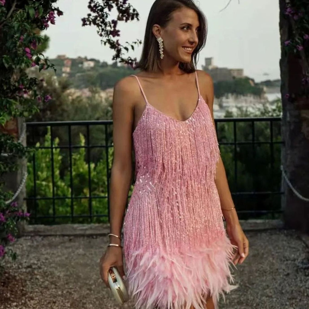 Colette | Women's Sequin Fringe Feather Spaghetti-Strap Cocktail Dress