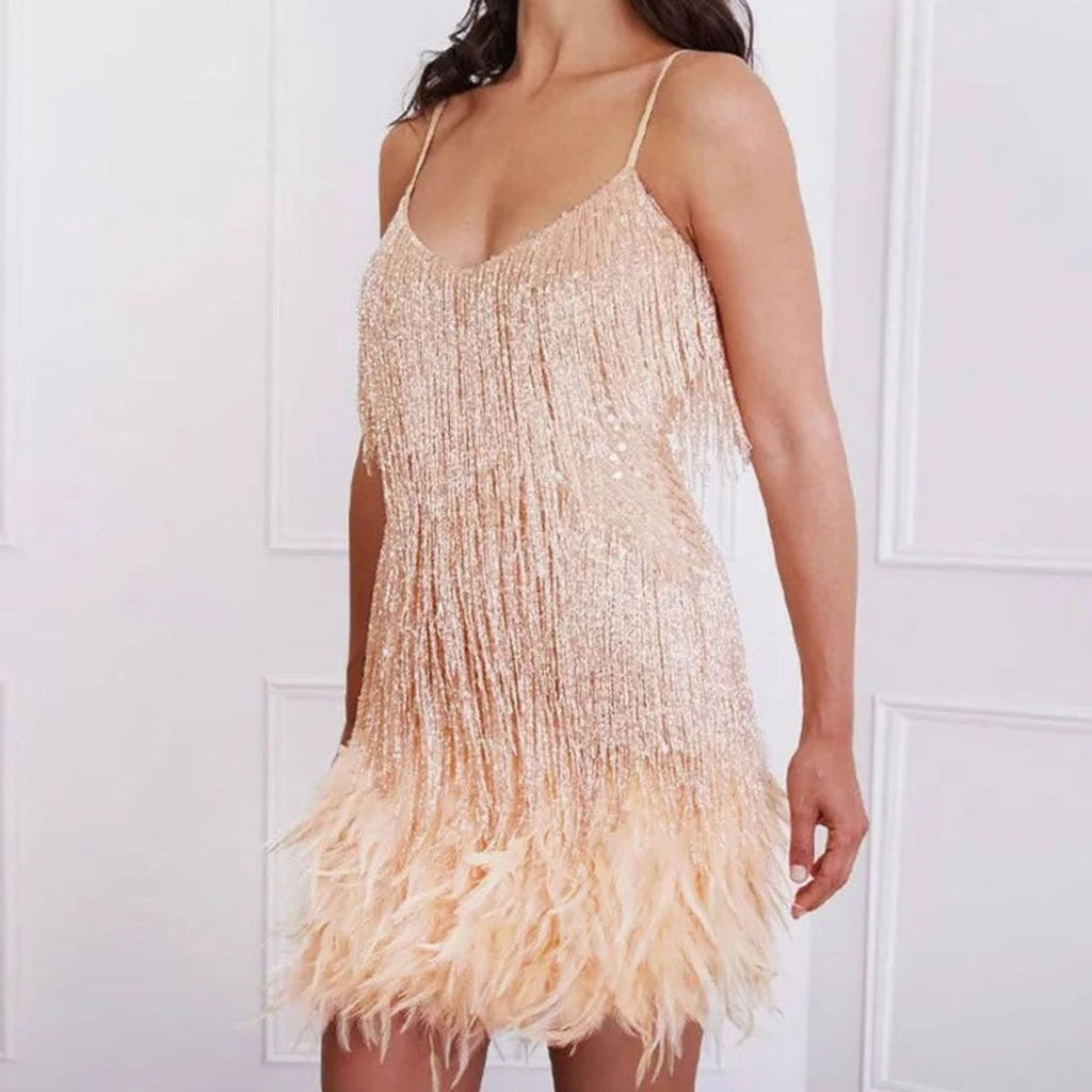 Colette | Women's Sequin Fringe Feather Spaghetti-Strap Cocktail Dress