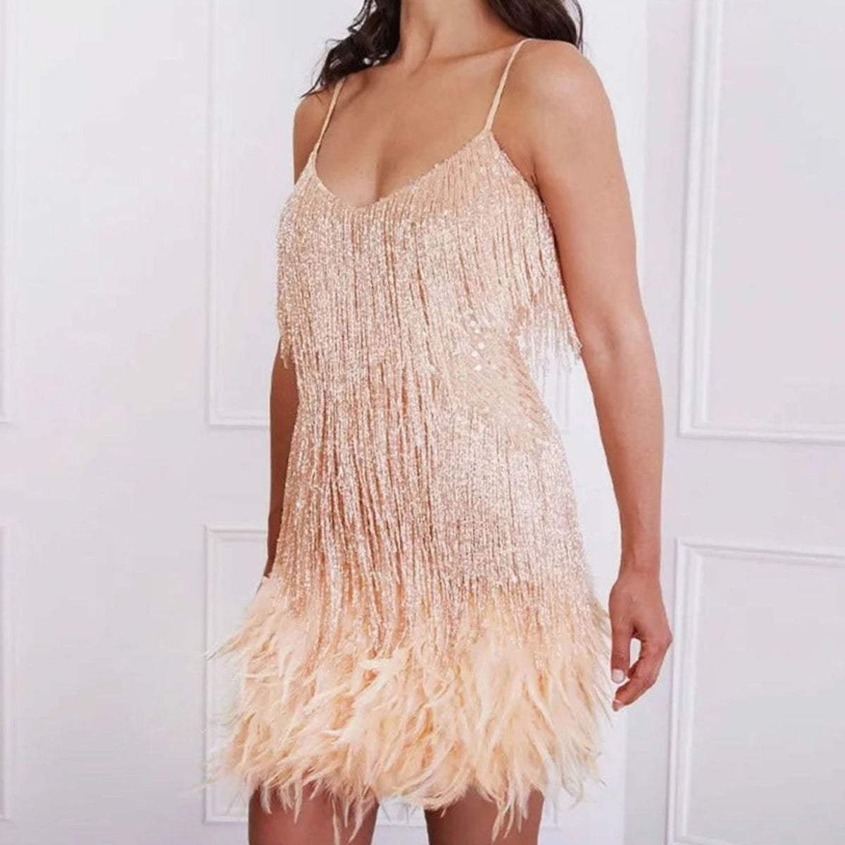 Colette | Women's Sequin Fringe Feather Spaghetti-Strap Cocktail Dress