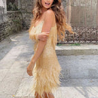 Camille | Women’s Fringe Sequin Feather Cami Mini Cocktail Dress