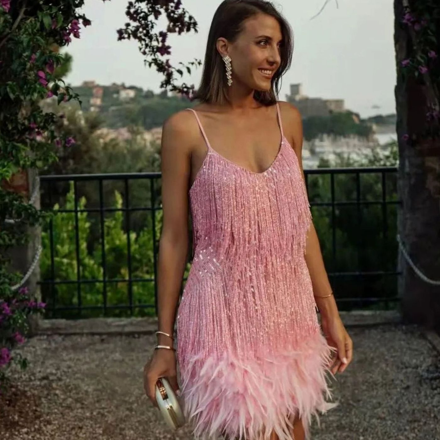Camille | Women’s Fringe Sequin Feather Cami Mini Cocktail Dress