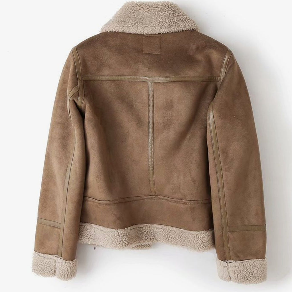 Harlow | Women’s Faux-Shearling Faux-Suede Belted Aviator Biker Jacket