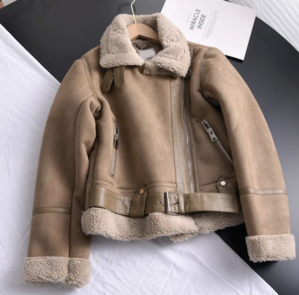 Harlow | Women’s Faux-Shearling Faux-Suede Belted Aviator Biker Jacket