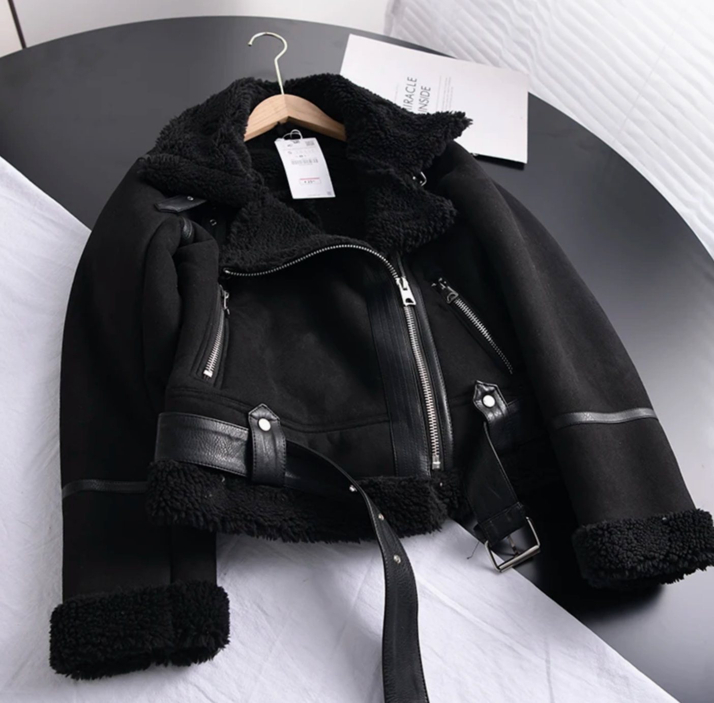 Harlow | Women’s Faux-Shearling Faux-Suede Belted Aviator Biker Jacket