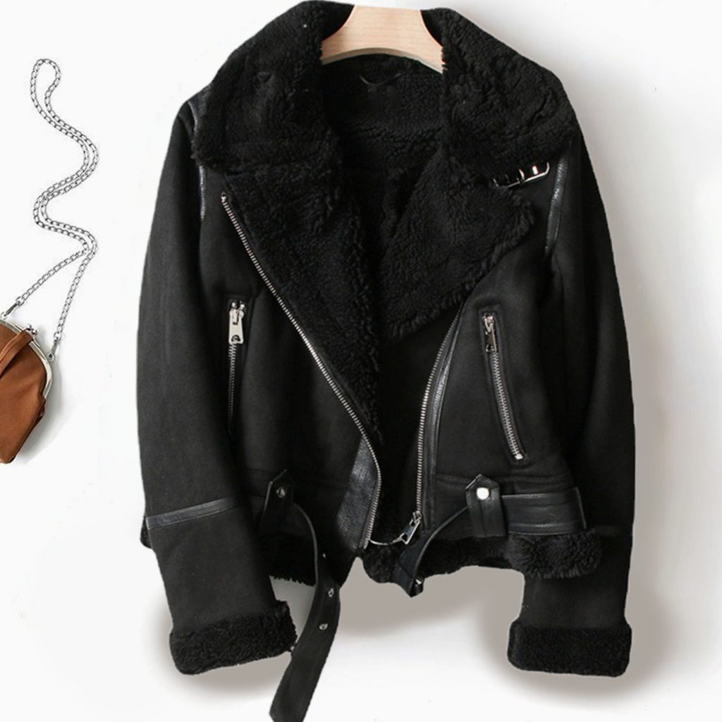 Harlow | Women’s Faux-Shearling Faux-Suede Belted Aviator Biker Jacket