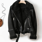 Harlow | Women’s Faux-Shearling Faux-Suede Belted Aviator Biker Jacket