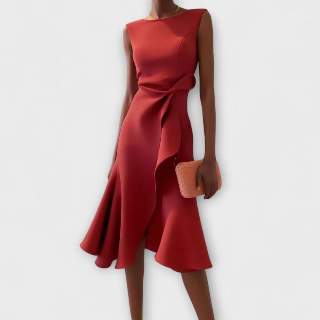 Camille | Women’s Sleeveless Knotted Side Cascade Flounce Midi Dress