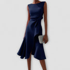 Camille | Women’s Sleeveless Knotted Side Cascade Flounce Midi Dress