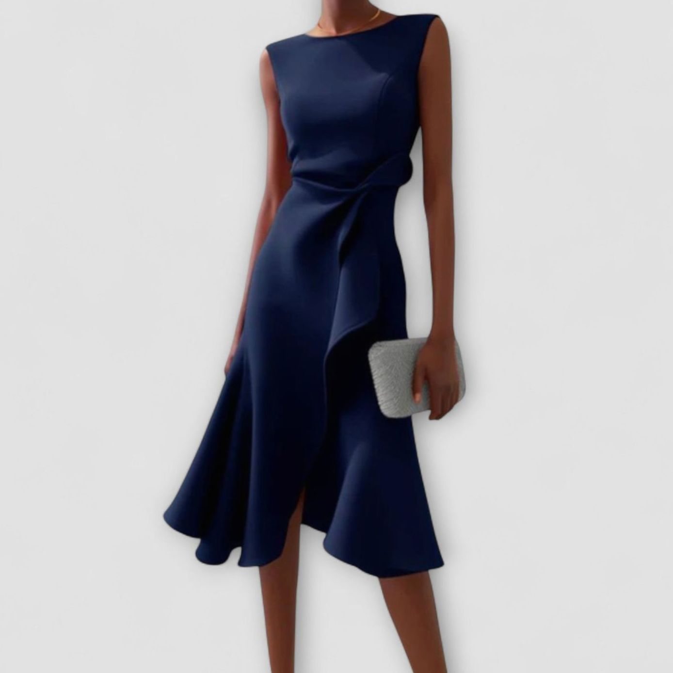 Camille | Women’s Sleeveless Knotted Side Cascade Flounce Midi Dress