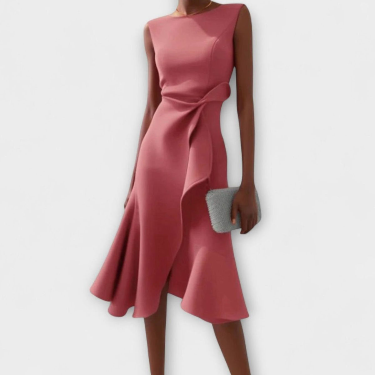 Camille | Women’s Sleeveless Knotted Side Cascade Flounce Midi Dress