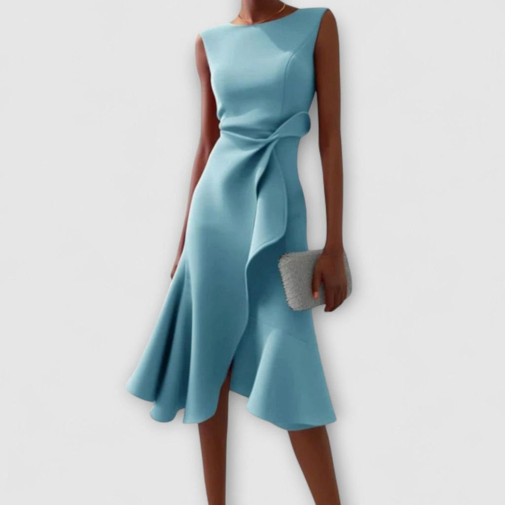 Camille | Women’s Sleeveless Knotted Side Cascade Flounce Midi Dress