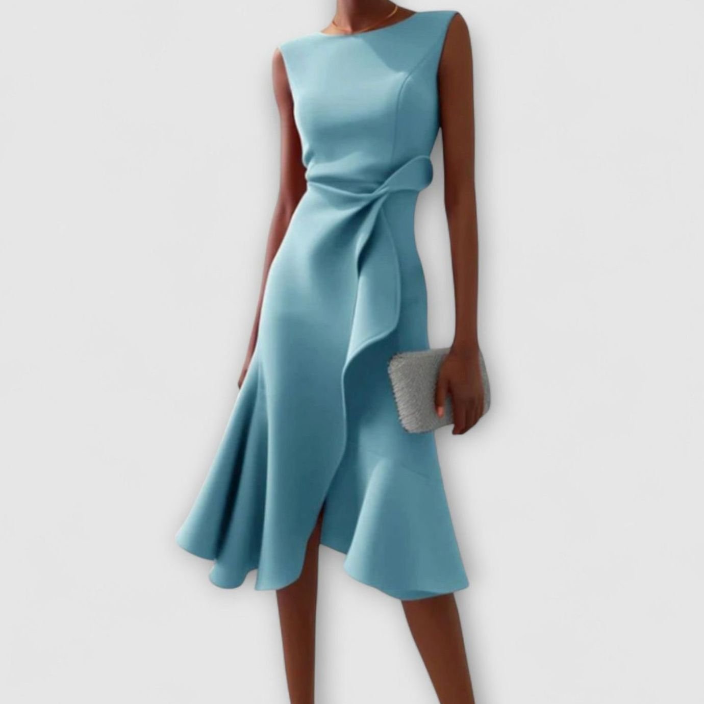 Camille | Women’s Sleeveless Knotted Side Cascade Flounce Midi Dress