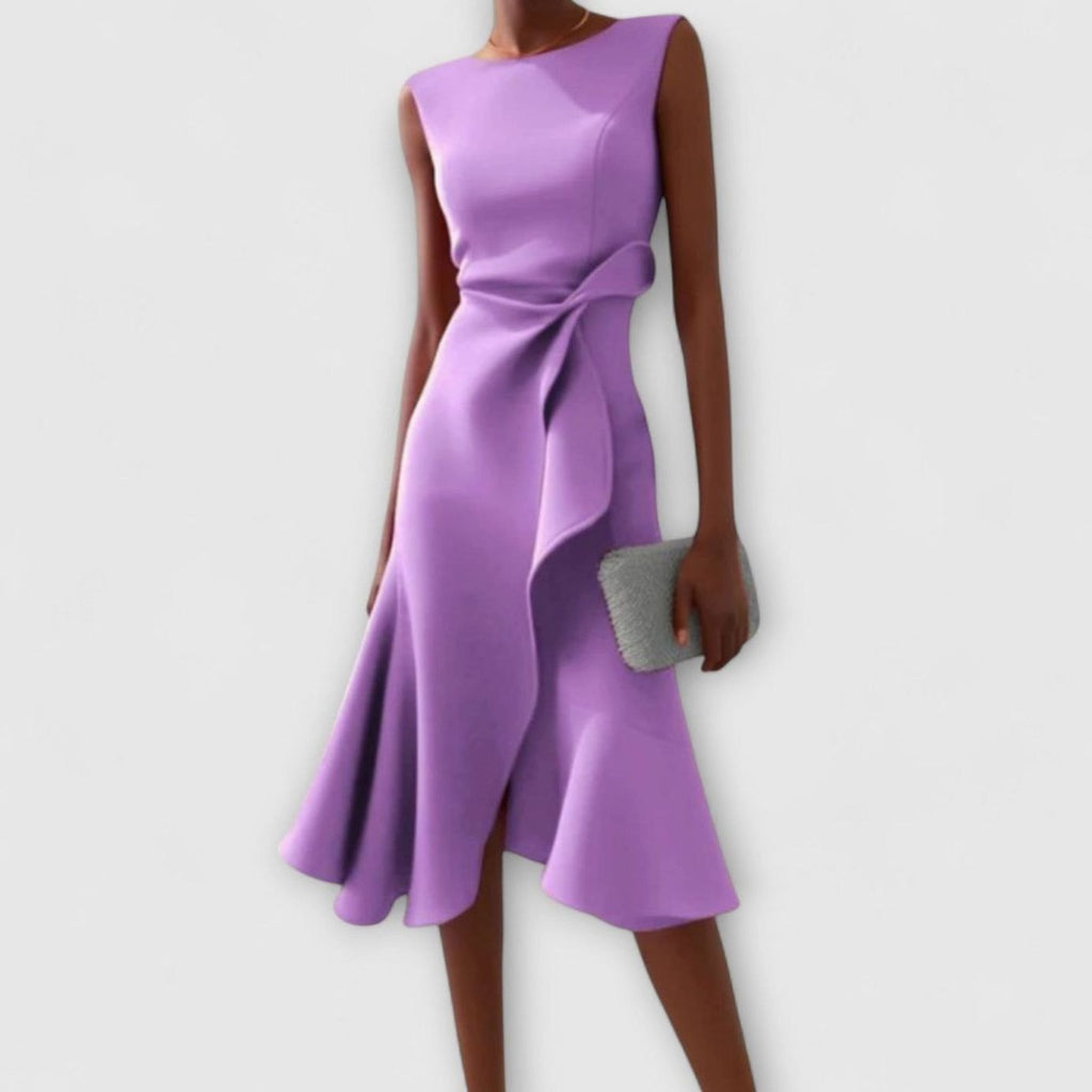 Camille | Women’s Sleeveless Knotted Side Cascade Flounce Midi Dress