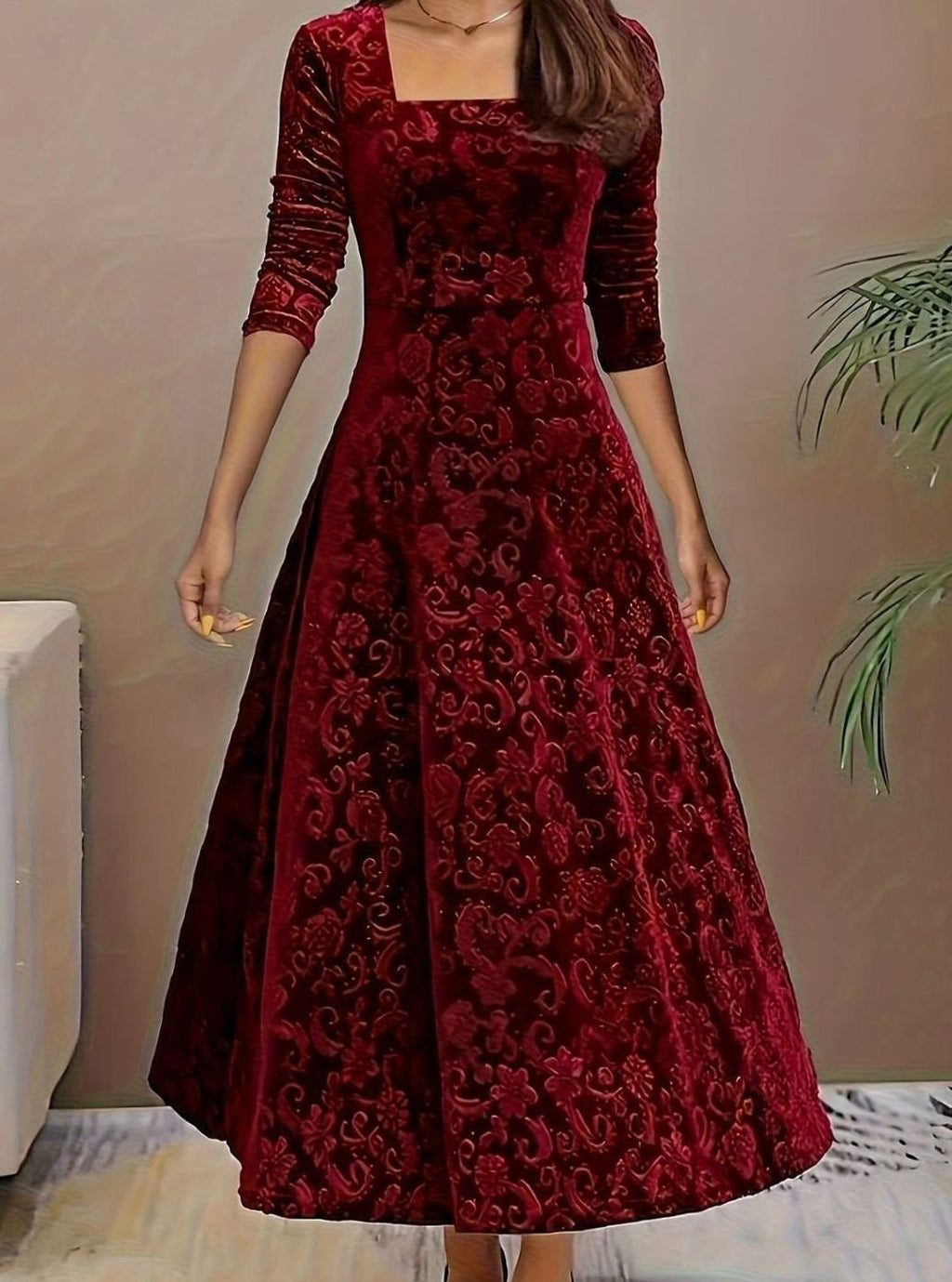Evelyn | Women’s Square-Neck Embossed Velvet A-Line Midi Dress
