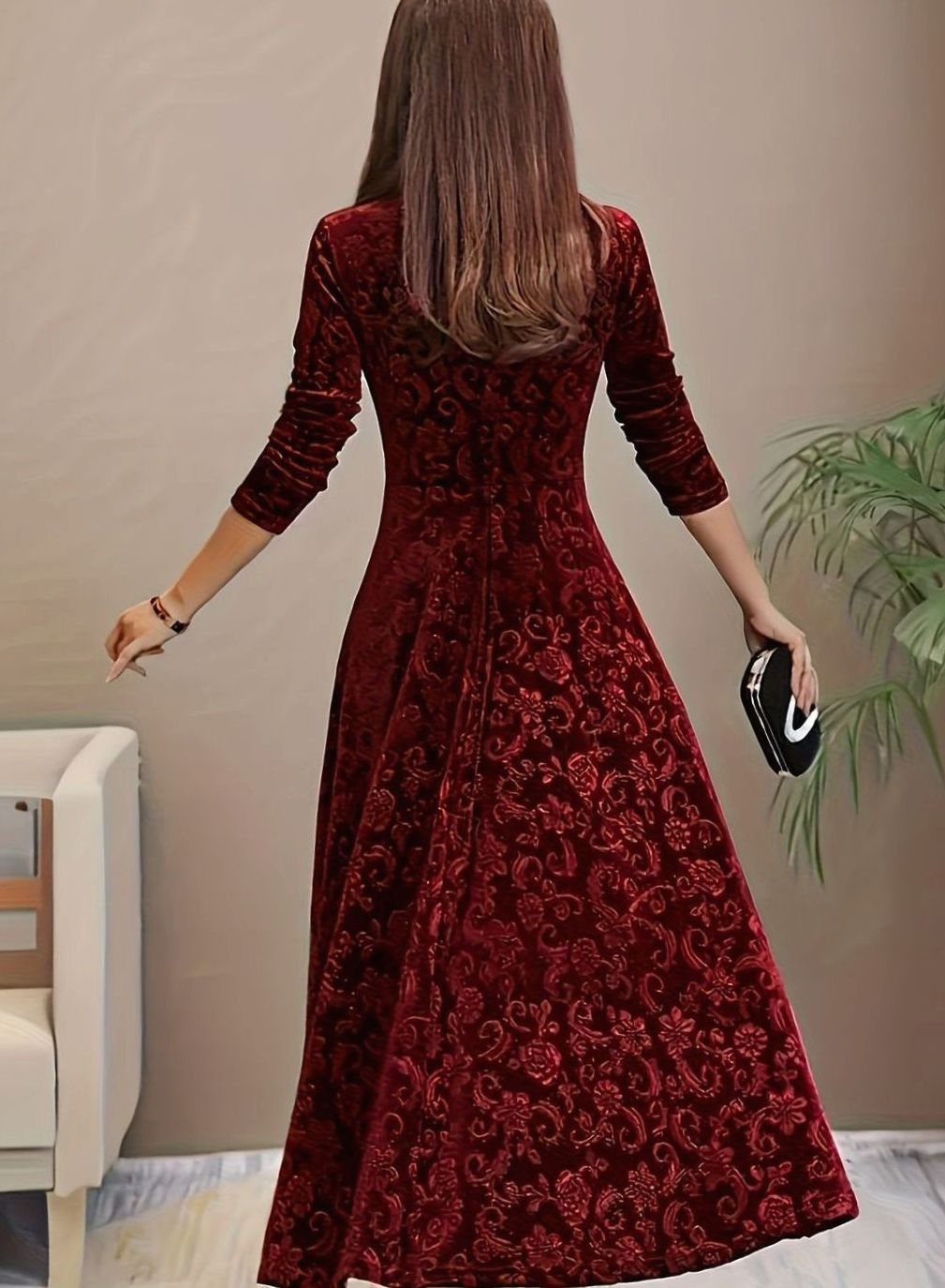 Evelyn | Women’s Square-Neck Embossed Velvet A-Line Midi Dress
