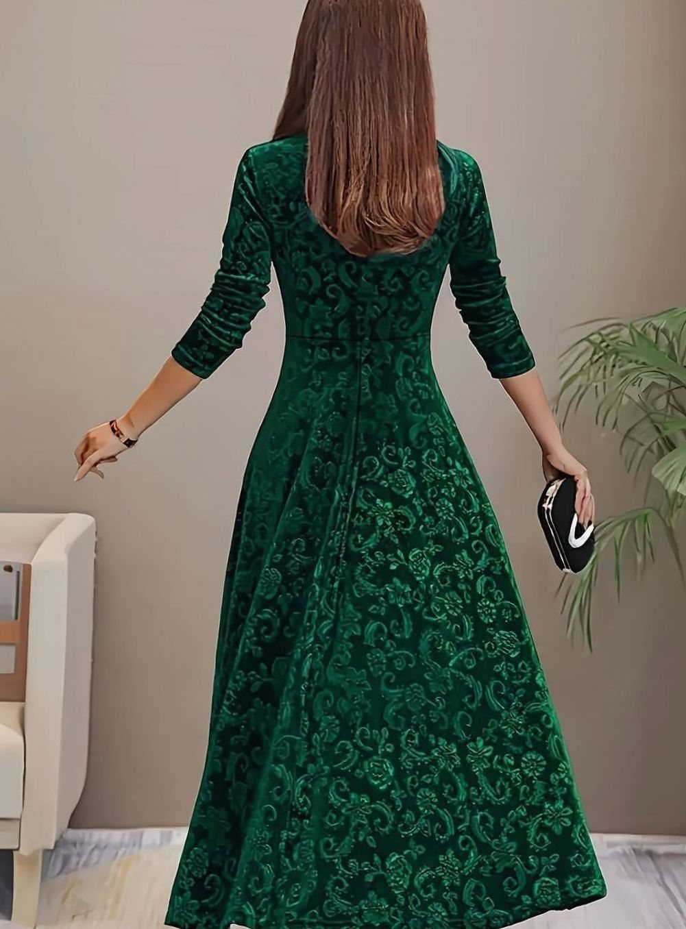 Evelyn | Women’s Square-Neck Embossed Velvet A-Line Midi Dress
