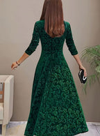 Evelyn | Women’s Square-Neck Embossed Velvet A-Line Midi Dress