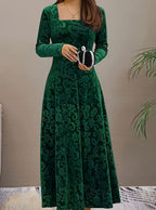 Evelyn | Women’s Square-Neck Embossed Velvet A-Line Midi Dress
