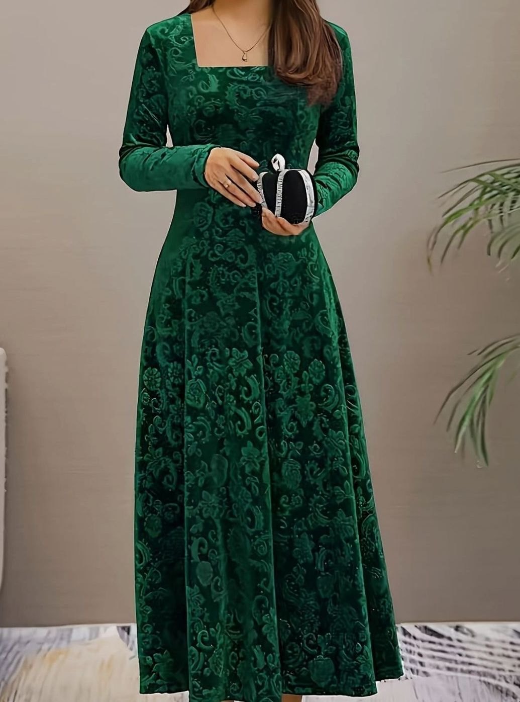 Evelyn | Women’s Square-Neck Embossed Velvet A-Line Midi Dress