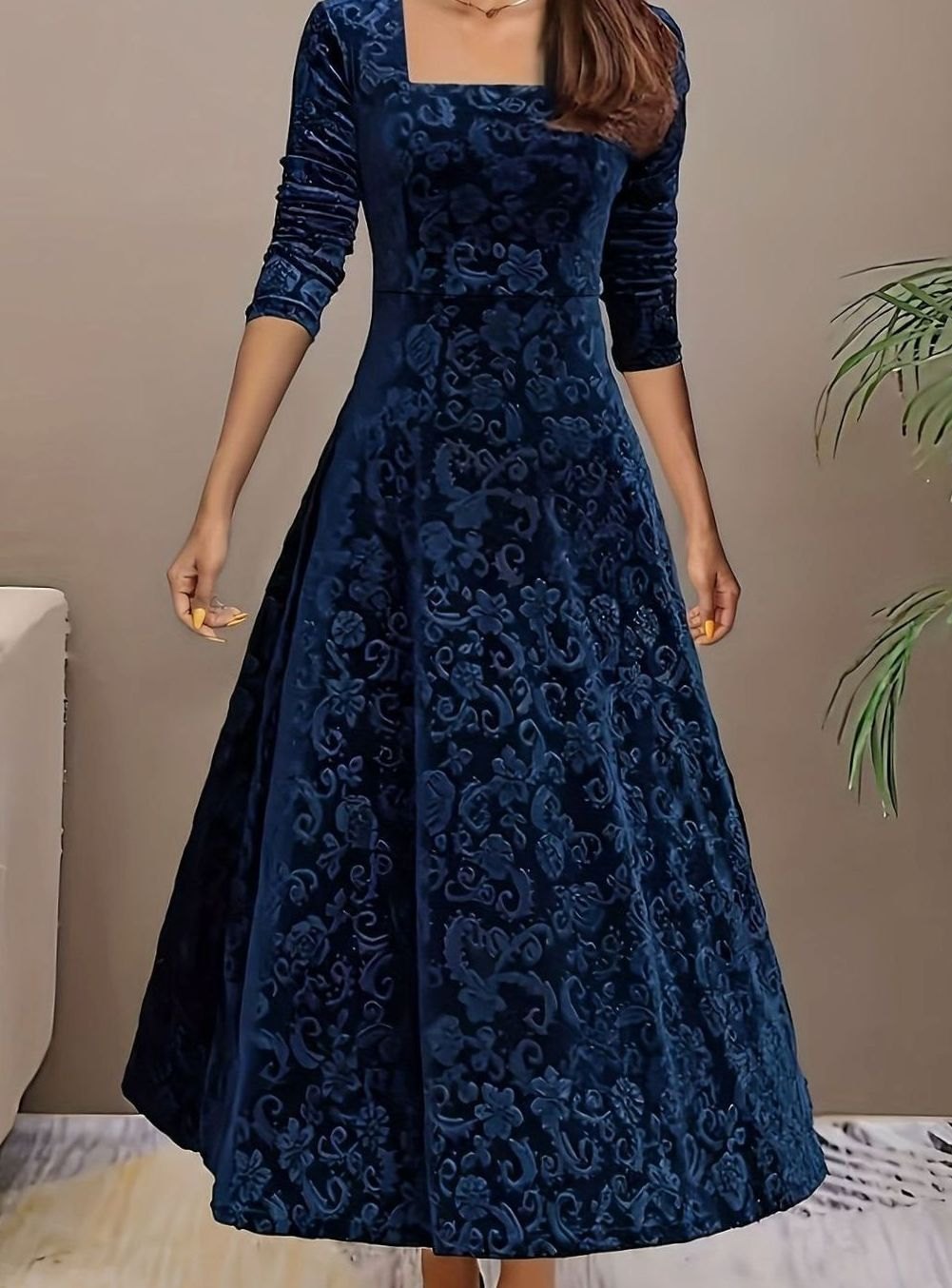 Evelyn | Women’s Square-Neck Embossed Velvet A-Line Midi Dress